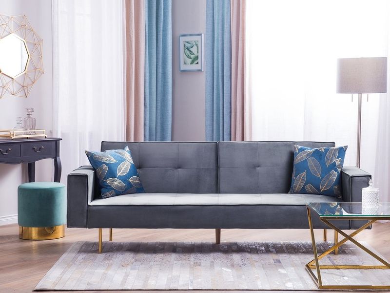 Sofa rozkładana welurowa szara VISNES zdjęcie 2