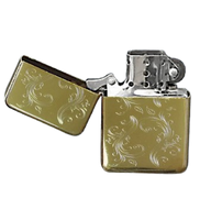 Złota Zapalniczka Benzynowa z Motywem Roślin w Metalowym Opakowaniu
