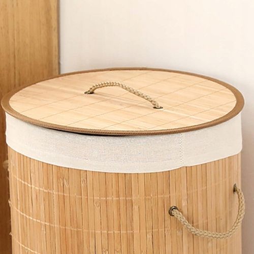 OKRĄGŁY KOSZ NA PRANIE BIELIZNĘ BAMBUSOWY ZAMYKANY SKŁADANY POJEMNY na Arena.pl