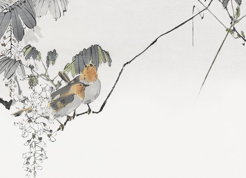 Plakat 18x13cm Two Sparrows, Seitei Japoński Vintage zdjęcie 1