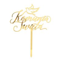 Topper na tort lustrzany napis Komunia Święta Gołąbek złoty