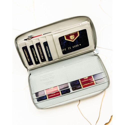 szary portfel damski w typie piórnika w roślinny wzór, wykonany na Arena.pl