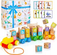 DREWNIANE KLOCKI KOLEJKA LITERKI DREWNIANY POCIAG KLOCKI Montessori