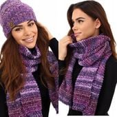 KOMPLET DAMSKI CZAPKA BEANIE SZALIK SZAL ZESTAW CIEPŁY ŚLIWKOWY MELANŻ 2457