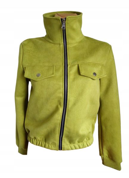 Włoska Modna Kurtka Damska Bomberka Zapinana Na Zamek Zamszowa Limonka zdjęcie 1