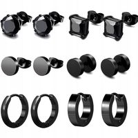 KOLCZYKI MĘSKIE STAL CHIRURGICZNA 6 PAR CZARNE CYRKONIE KÓŁKA ZESTAW