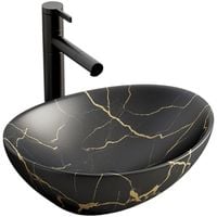 Umywalka nablatowa czarny mat marmur z żyłkami owalna ceramiczna 41x34,5 cm