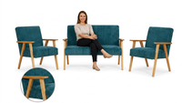Zestaw wypoczynkowy sofa 2-os 2 fotele retro welurowy niebieski Soler