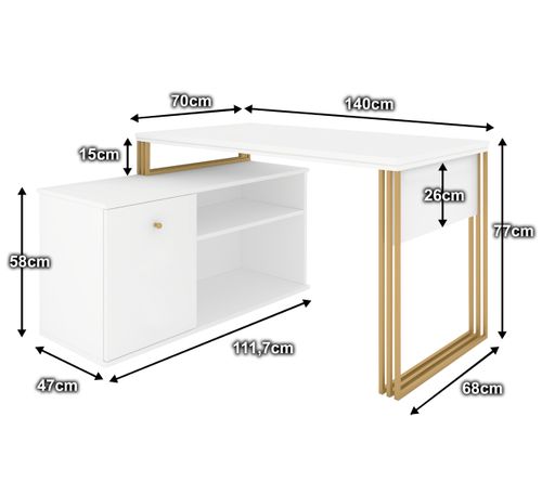 Biurko kosmetyczne narożne Klara N1 1D z szafką biały mat/złoty na Arena.pl