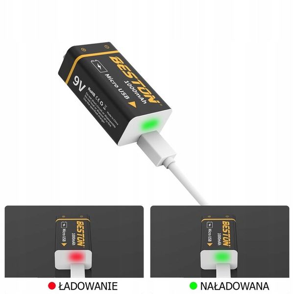 Akumulator 9V microUSB 1000mAh 6F22 6LR61 522 E-BLOCK R9 + kabel zasilający zdjęcie 9