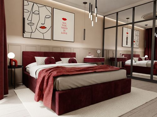 ŁÓŻKO TAPICEROWANE DO SYPIALNI 140x200 ŁÓŻKO PODWÓJNE Z POJEMNIKIEM BORDOWE na Arena.pl