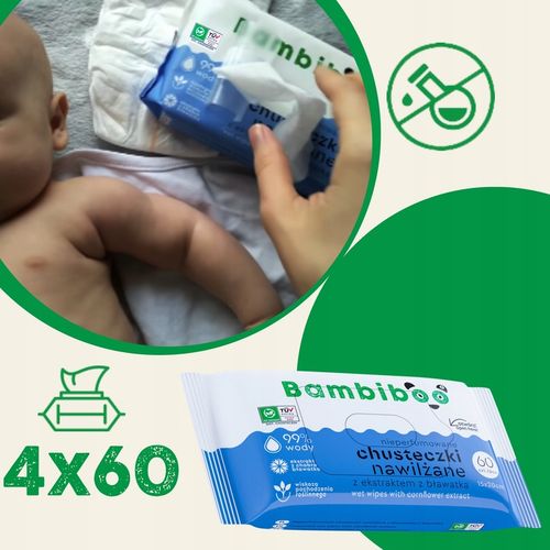 Chusteczki nawilżane Bambiboo 4x60szt. z ekstraktem z bławatka 99% wody na Arena.pl