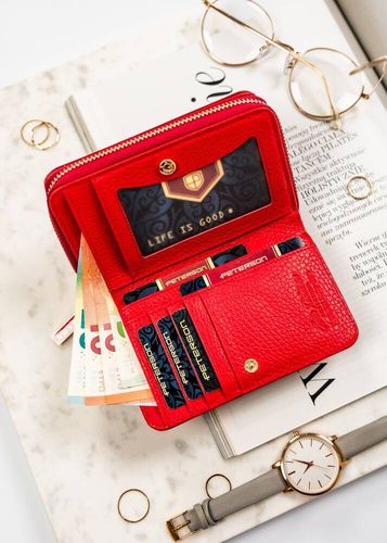 kompaktowy portfel damski ze skóry naturalnej w odcieniu krwistej na Arena.pl