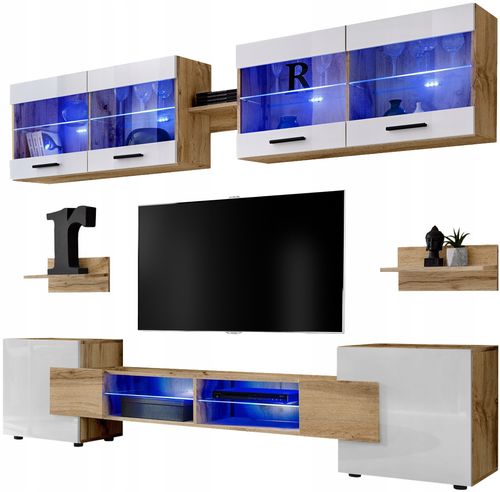 Pan Igiełka - Meblościanka do Salonu LED RGB Dąb Wotan Biały, Zestaw Mebli na Arena.pl