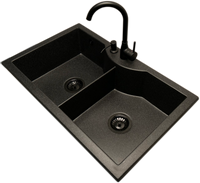 Zlewozmywak 2 komorowy PENTA grafit + bateria LUNA  + dozownik