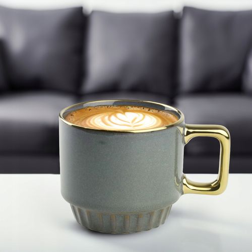 CERAMICZNY KUBEK NA KAWĘ HERBATĘ GRANATOWY ZDOBIONY ZE ZŁOTYM UCHEM 320ML na Arena.pl