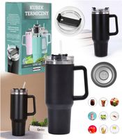 Kubek Termiczny Ze Słomką Termos Na Kawę Herbatę 1200 ML Czarny XXL