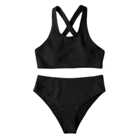 Damski Strój Kąpielowy Bikini Wysoki Stan Dwuczęściowy Czarny Rozmiar M