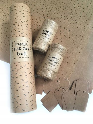 ZESTAW DO PAKOWANIA EKO papier pakowy sznurek juta tagi wzór listki kropki na Arena.pl