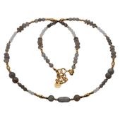 Naszyjnik - Labradoryt, kryształ górski hematyt i srebro złocone