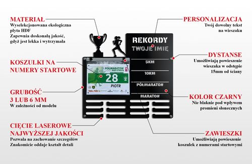 Wieszak na medale i numery startowe REKORDY BIEGOWE RUN twoje imię  334.1 na Arena.pl