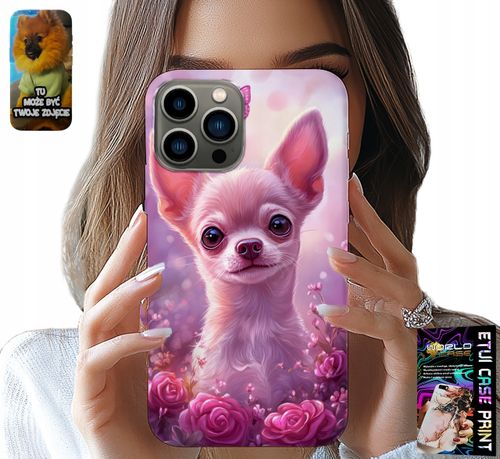 ETUI DO IPHONE 13 PRO - SŁODKA CHIHUAHUA NA RÓŻOWYM TLE KWIATAMI na Arena.pl