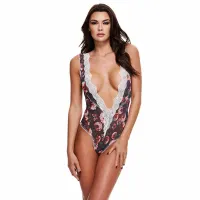 baci body floral teddy grey s/m z koronką i głębokim dekoltem