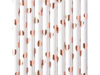 Słomki papierowe, białe w jasno różowe złoto serduszka, 19.5 cm, 10 szt.