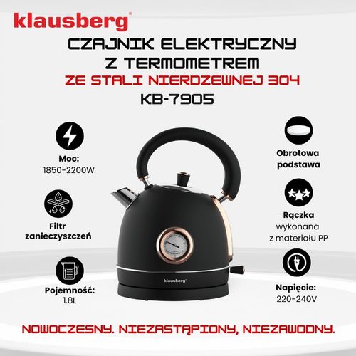 Czajnik elektryczny 1.8L z Termometrem RETRO Klausberg KB-7905 2200W Czarny na Arena.pl