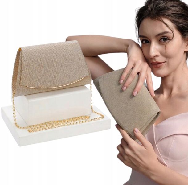 Złota Torebka Wieczorowa Kopertówka Wizytowa Mała Łańcuszek Elegancka zdjęcie 12