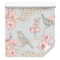 Tapeta kwiaty gałązki ptaki wróble do salonu