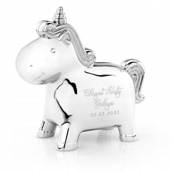 Skarbonka jednorożec srebrna prezent na chrzest pamiątka chrztu + GRAWER zdjęcie 1