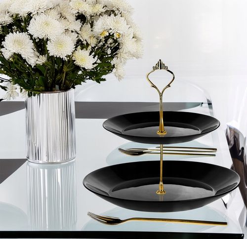 PATERA TRZYPOZIOMOWA PIĘTROWA STOJAK ciasto owoce CZARNE SZKŁO ZŁOTY UCHWYT na Arena.pl