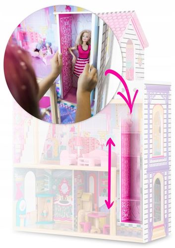 XXL DUŻY DREWNIANY RÓŻOWY DOMEK DLA LALEK MEBLE WINDA AKCESORIA LED na Arena.pl