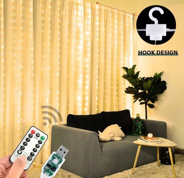 KURTYNA ŚWIETLNA 200 LED DRUCIKI 2x2m BIAŁY CIEPŁY 200L USB PILOT zdjęcie 16