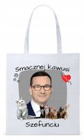 Mateusz Morawiecki Pis Torba Eco Biała Shopper Z Nadrukiem Ze Zdjęciem