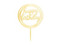 Topper akrylowy na tort, Happy Birthday - okrągły, złoty, 11 cm x 17 cm