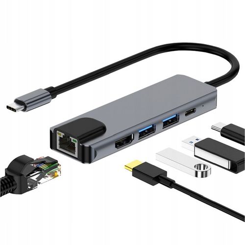 Adapter HUB 5w1 USB-C przejściówka USB 2.0 PD HDMI 4K SD LAN na Arena.pl