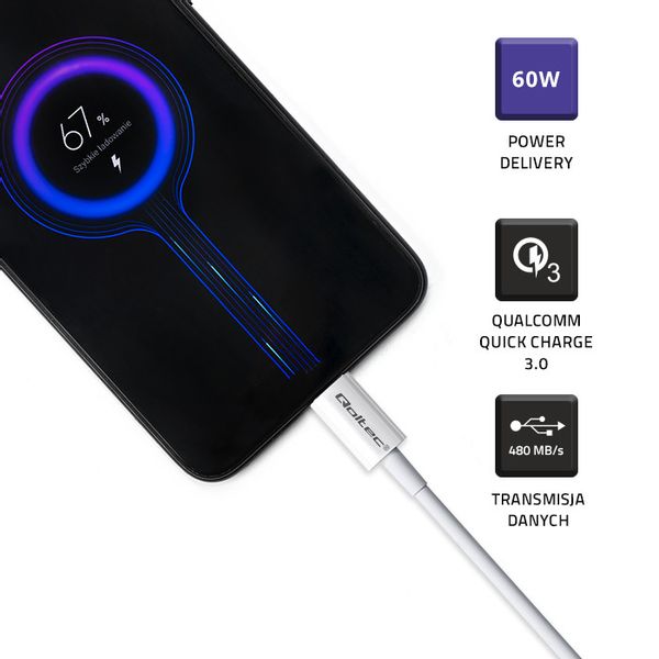 Qoltec Kabel USB 2.0 typ C USB 2.0 typ C 60W QC 3.0 PD 1m Biały zdjęcie 4