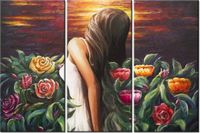 60 90CM OBRAZ 3 ELEM KOBIETA WŚRÓD KWIATÓW DRUK PŁÓTNO RAMA