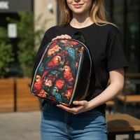 Mały Plecak Czarny z Motywem Papug – Kolorowe Papugi – Handmade
