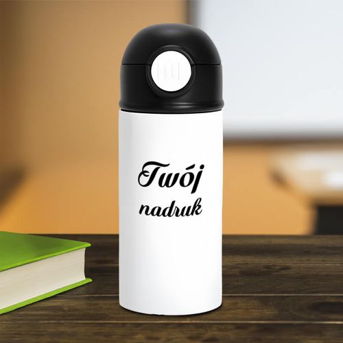 Bidon - butelka 360 ml dla dzieci z dowolnym nadrukiem - biała z czarną zakrętką na Arena.pl