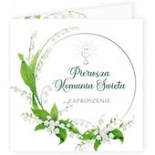 Zaproszenia kwadrat KOMUNIA konwalie koperty 8 szt