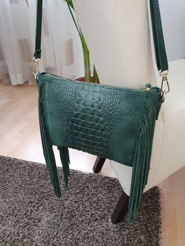 VERA PELLE torebka zamszowa listonoszka boho z frędzlami V001 c.zielona na Arena.pl