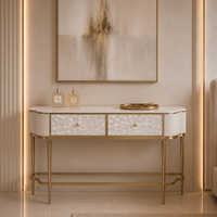 Kremowa konsola glamour z naturalną muszlami i marmurem Champion 140x35x86