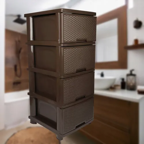 REGAŁ ŁAZIENKOWY BRĄZOWA KOMODA STOJAK SŁUPEK SZAFKA Z 4 KOSZAMI RATTAN na Arena.pl