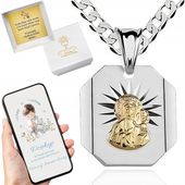 Srebrny łańcuszek 45cm pancerka medalik 925 pozłacana Matka Boska Komunia