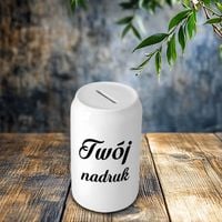 Biała ceramiczna skarbonka w kształcie puszki - z Twoim nadrukiem