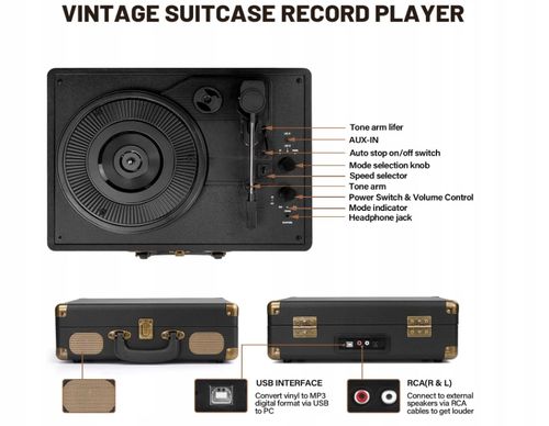 Vinyl Record Player Bluetooth 3-Speed Portable Vintage na Arena.pl