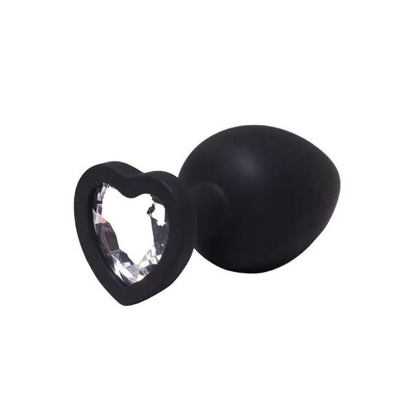 Medium Black Silicone Anal Plug With A Heart And A Diamond zdjęcie 1